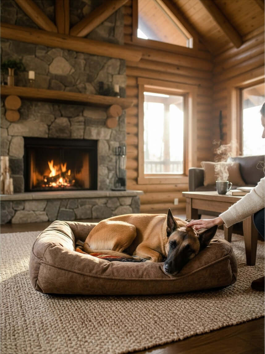Cama ortopédica para perro MITZON con cachorros Schnauzer y Labrador en sala moderna