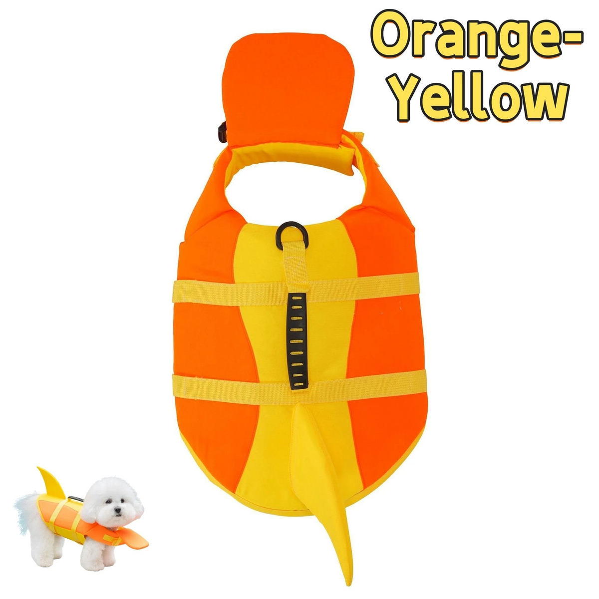 Chaleco de flotación ajustable para perros en color naranja y amarillo con correas y hebillas.