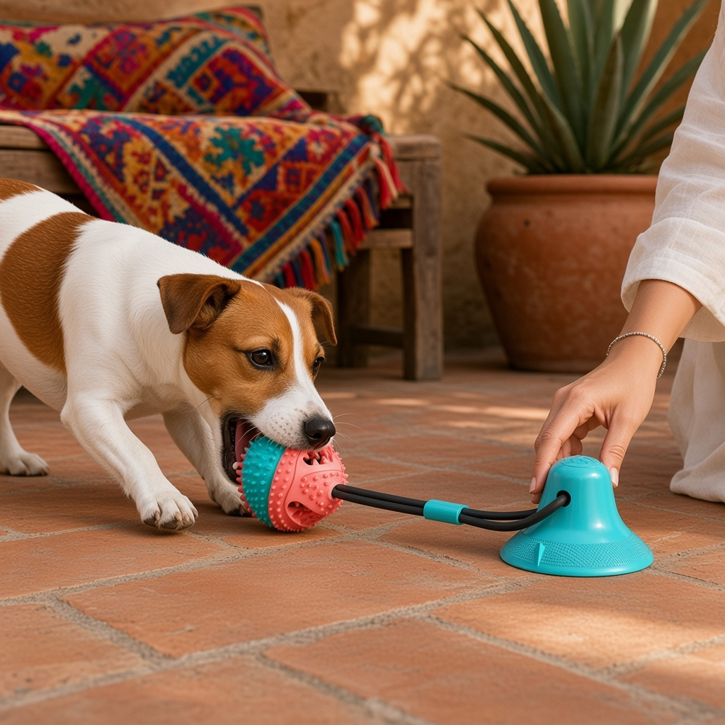 Perro jugando con un juguete interactivo con ventosa para perro en un patio.