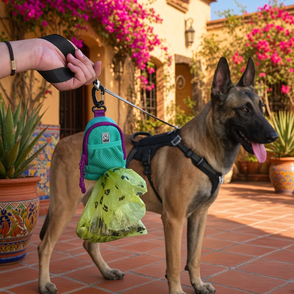 Bolsa de paseo TRUELOVE para premios y bolsas higiénicas attachée à une laisse, utilisée lors d'une promenade avec un chien.