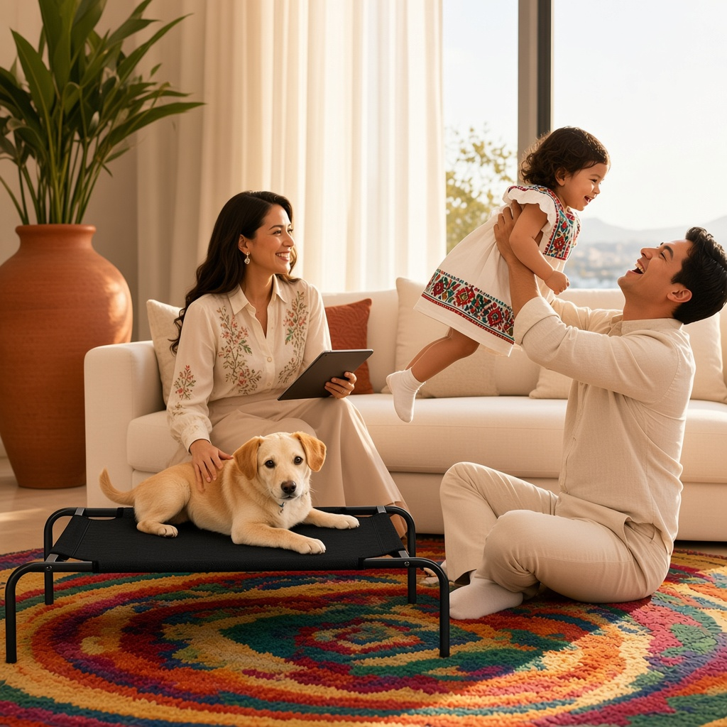 Cama elevada para perro grande 90x60 cm negra Mitzon, perro cómodo sur le canapé avec une famille heureuse.