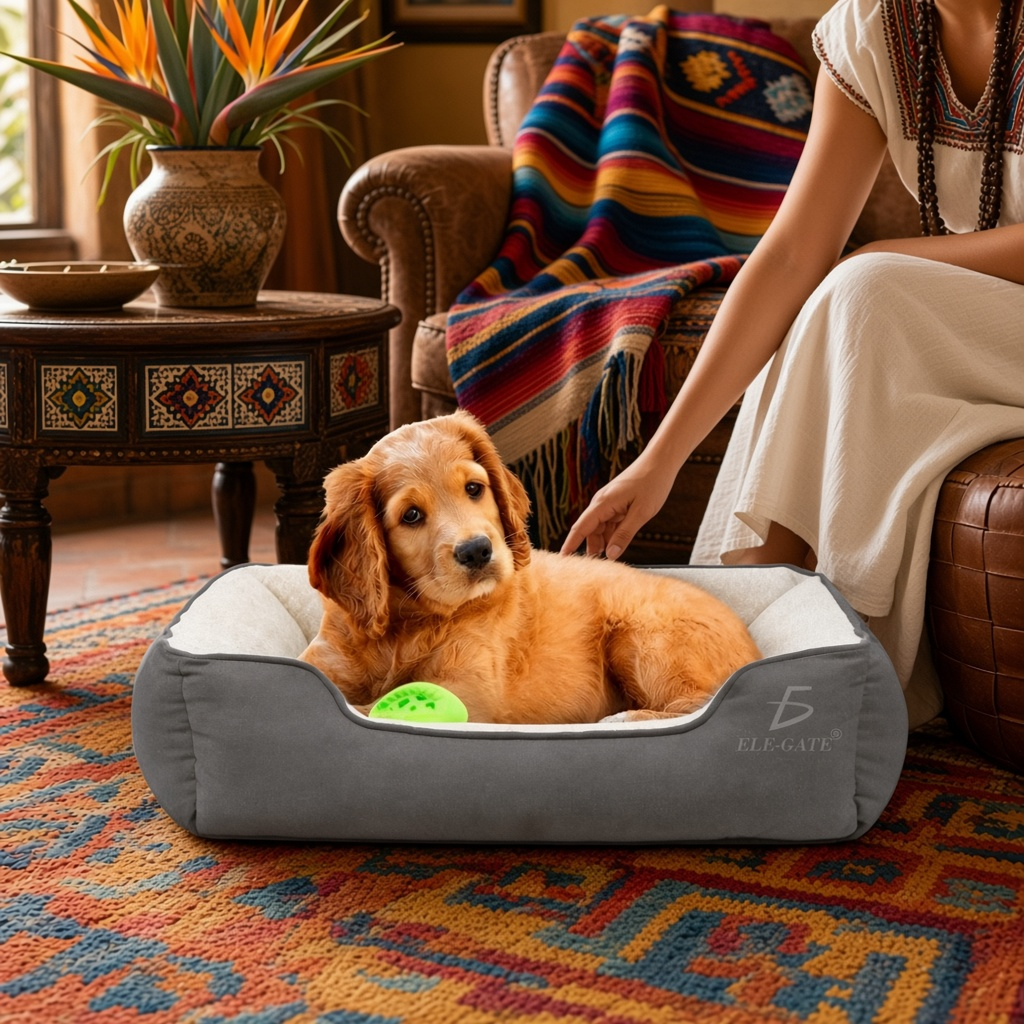 Cama para perro pequeño gris suave y resistente avec un chien détendu et un jouet dans un intérieur confortable.
