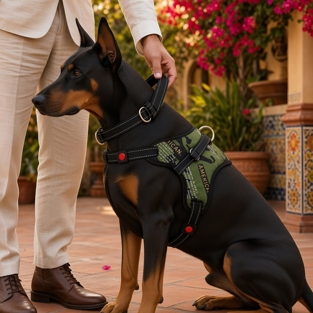 arnés de seguridad para perro mediano y grande Mitzon sur un Doberman, au milieu d'un jardin fleuri.