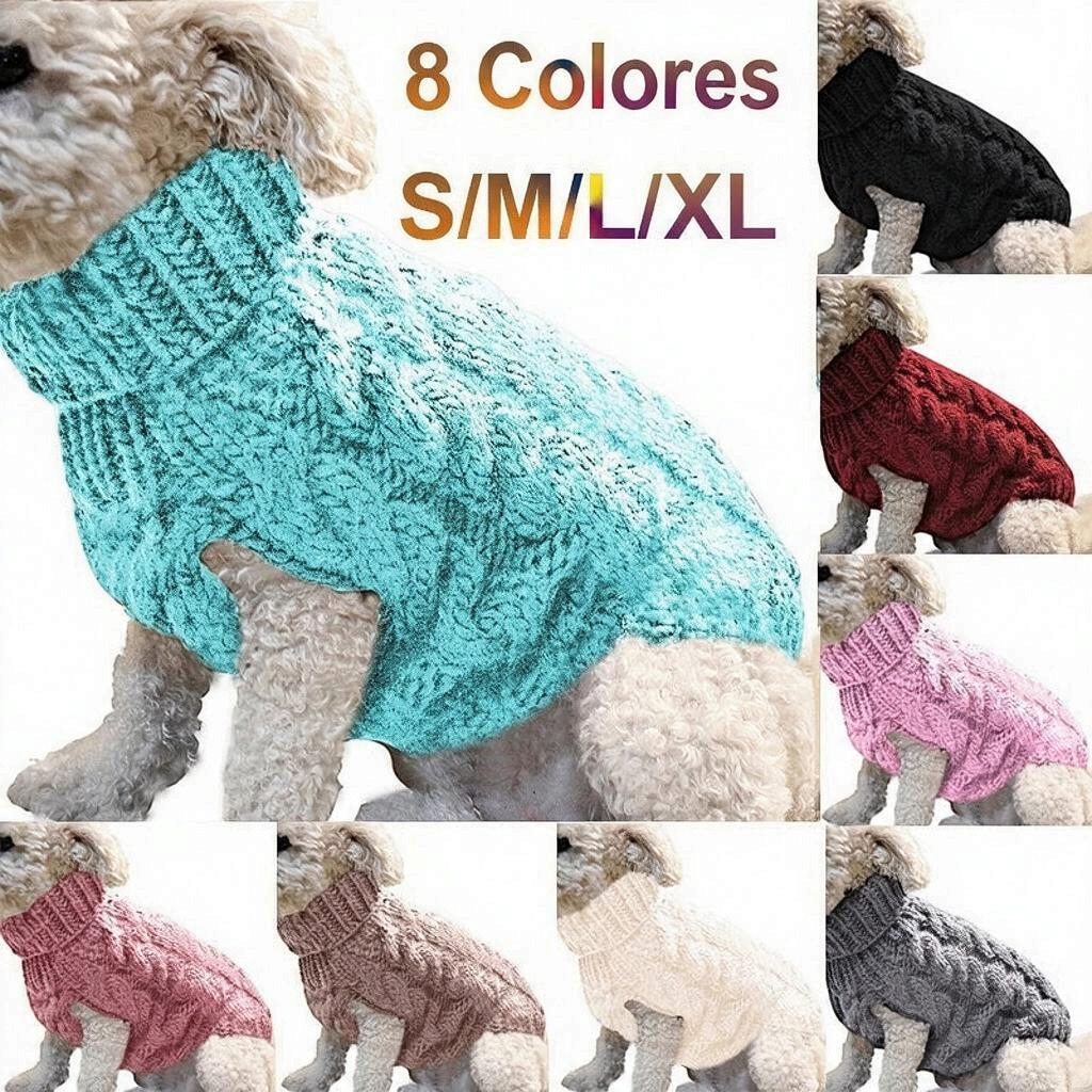 Suéter tejido de cuello alto para perro disponible en 8 colores y tamaños S/M/L/XL, ideal para mantener a tu perro abrigado.