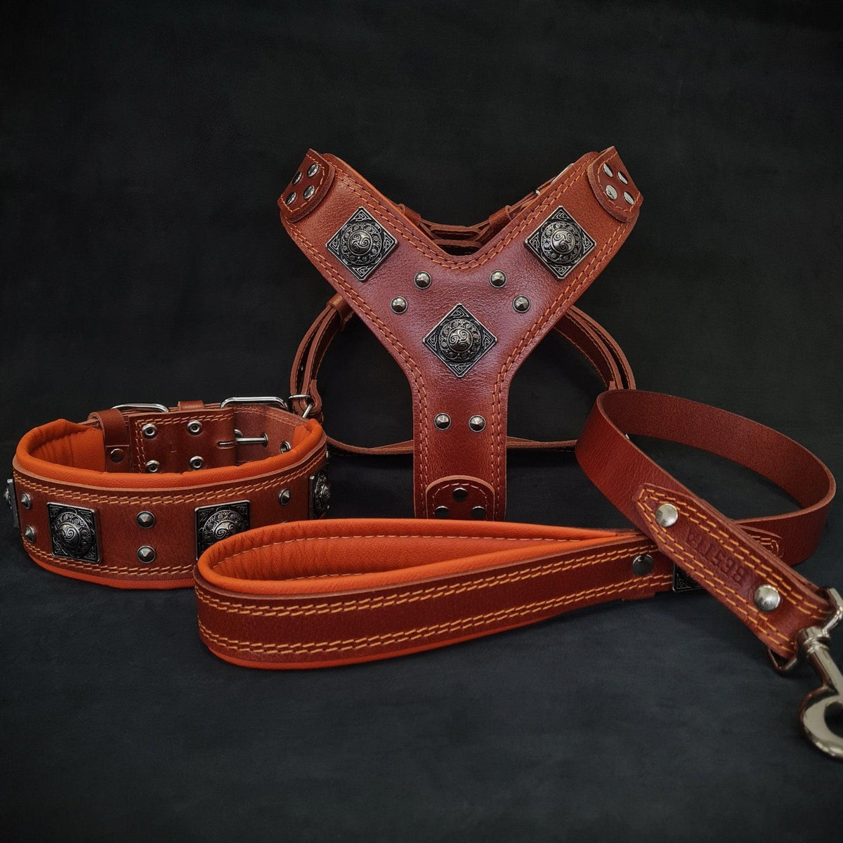 Set Eros para perros grandes - arnés collar y correa marrón y naranja - MITZON
