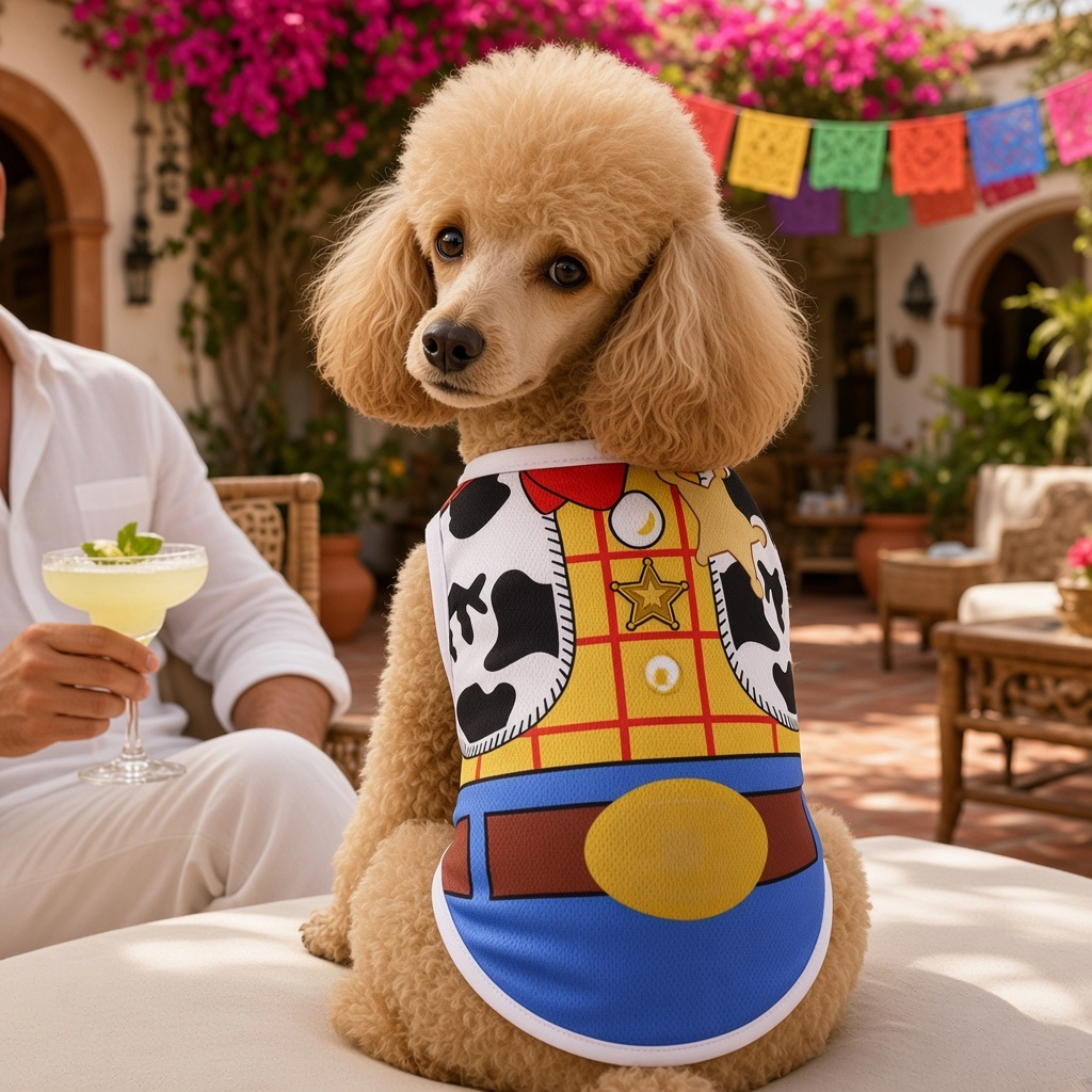 camiseta sin mangas para perro con estampado de overol Mitzon, perro con estilo en un ambiente alegre