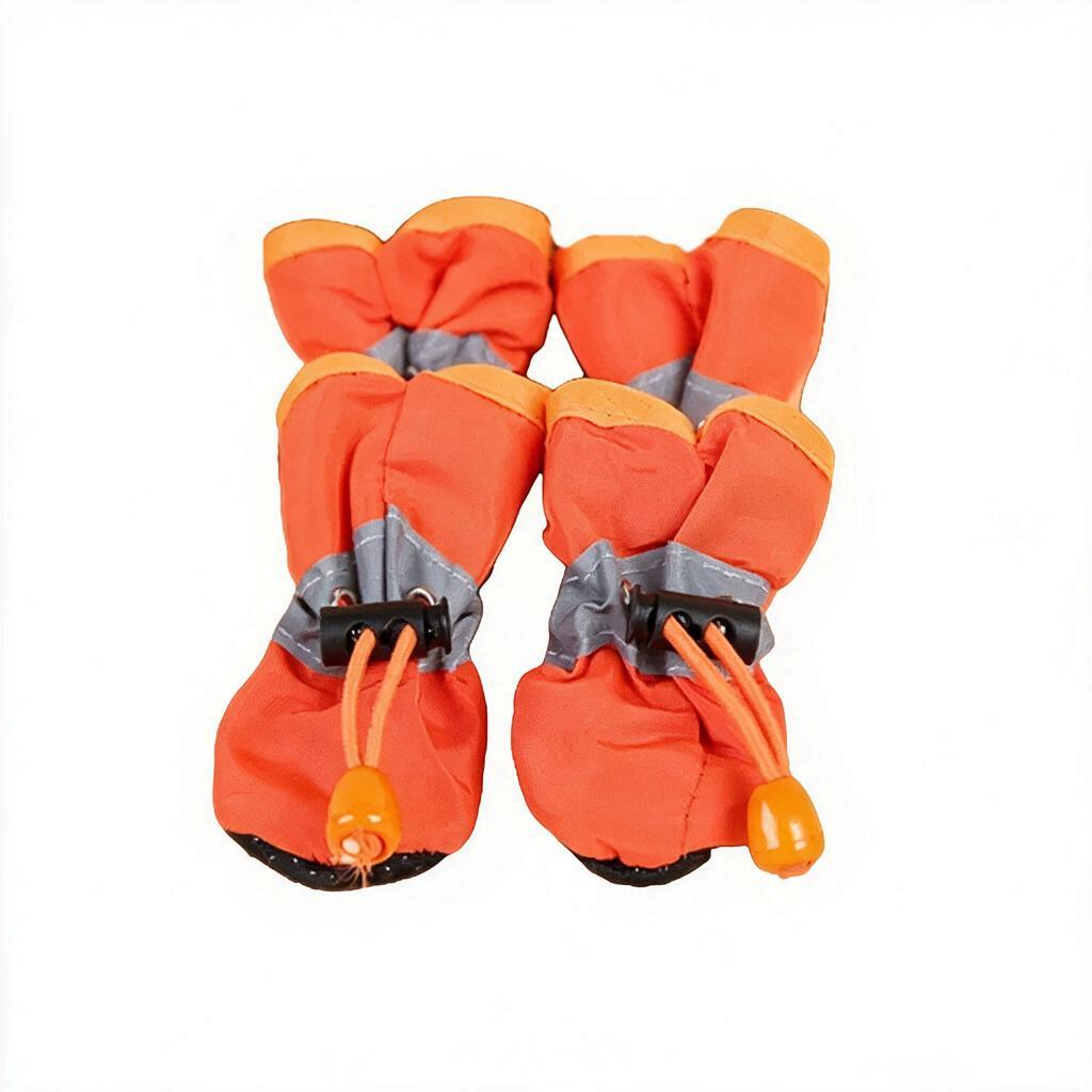 Zapatos impermeables para perro antiderrapantes de color naranja, ideales para paseos en días de lluvia.