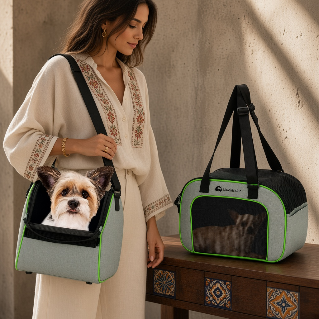 Mochila transportadora pour chien petit pliable avec deux chiens à l'intérieur, modèle Mitzon, parfait pour les voyages.