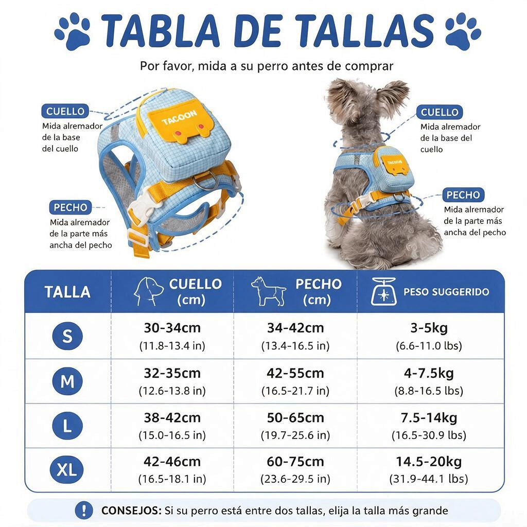 Tabla de tallas para arnés tipo mochila reflectante para perros con medidas y peso sugerido.