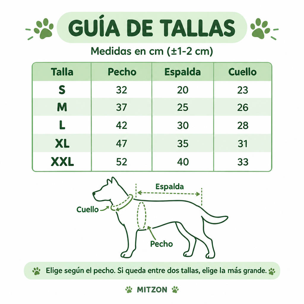 Guía de tallas para abrigo acolchado de invierno para perro con patas, medidas en cm.