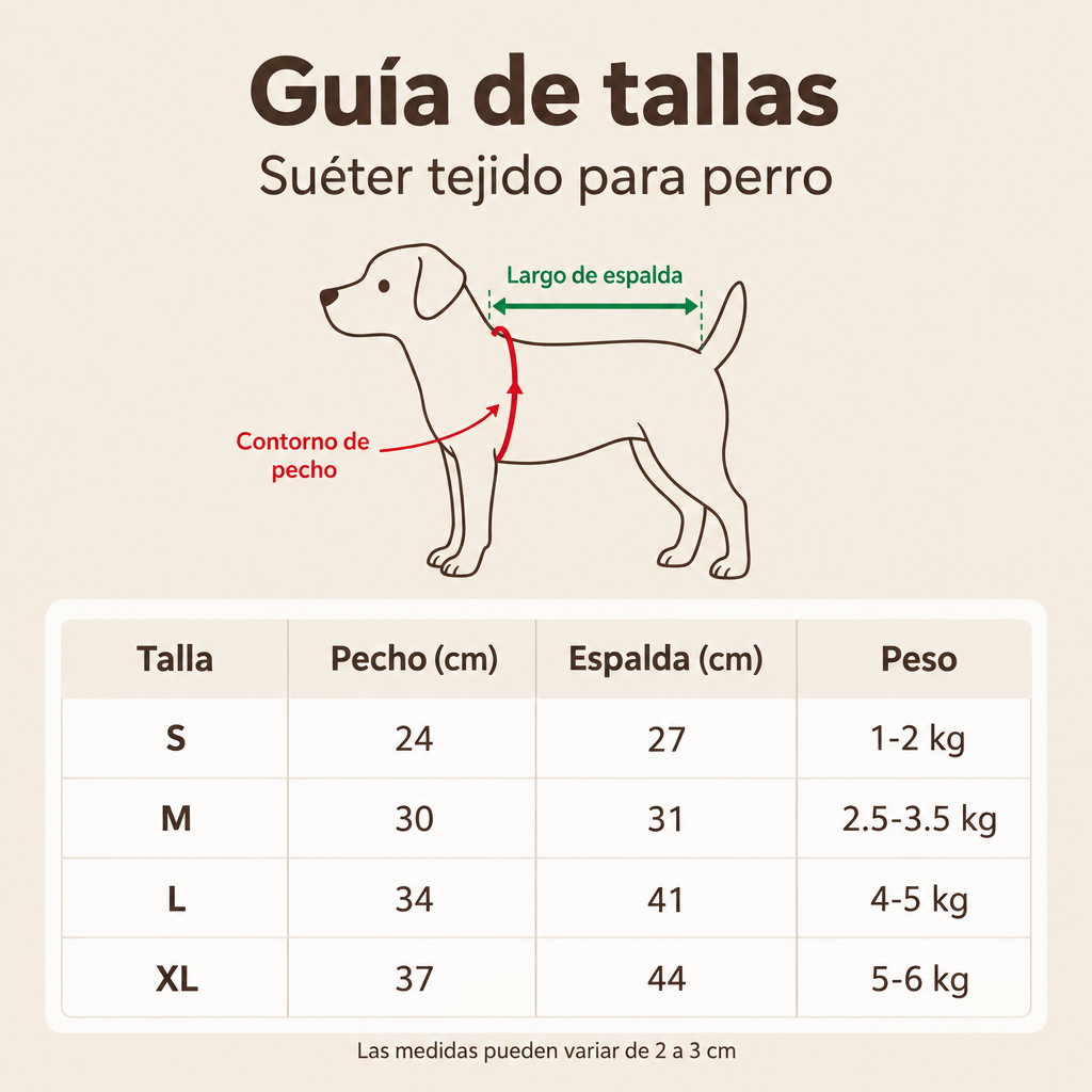 Guía de tallas para suéter tejido de cuello alto para perro, con medidas de pecho y espalda.