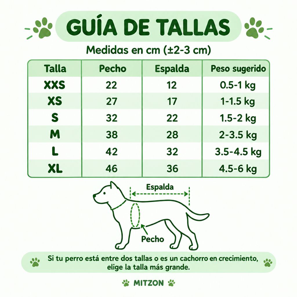 Guía de tallas para suéter de polar para perro pequeño con diseños divertidos, medidas en cm para seleccionar la talla adecuada.