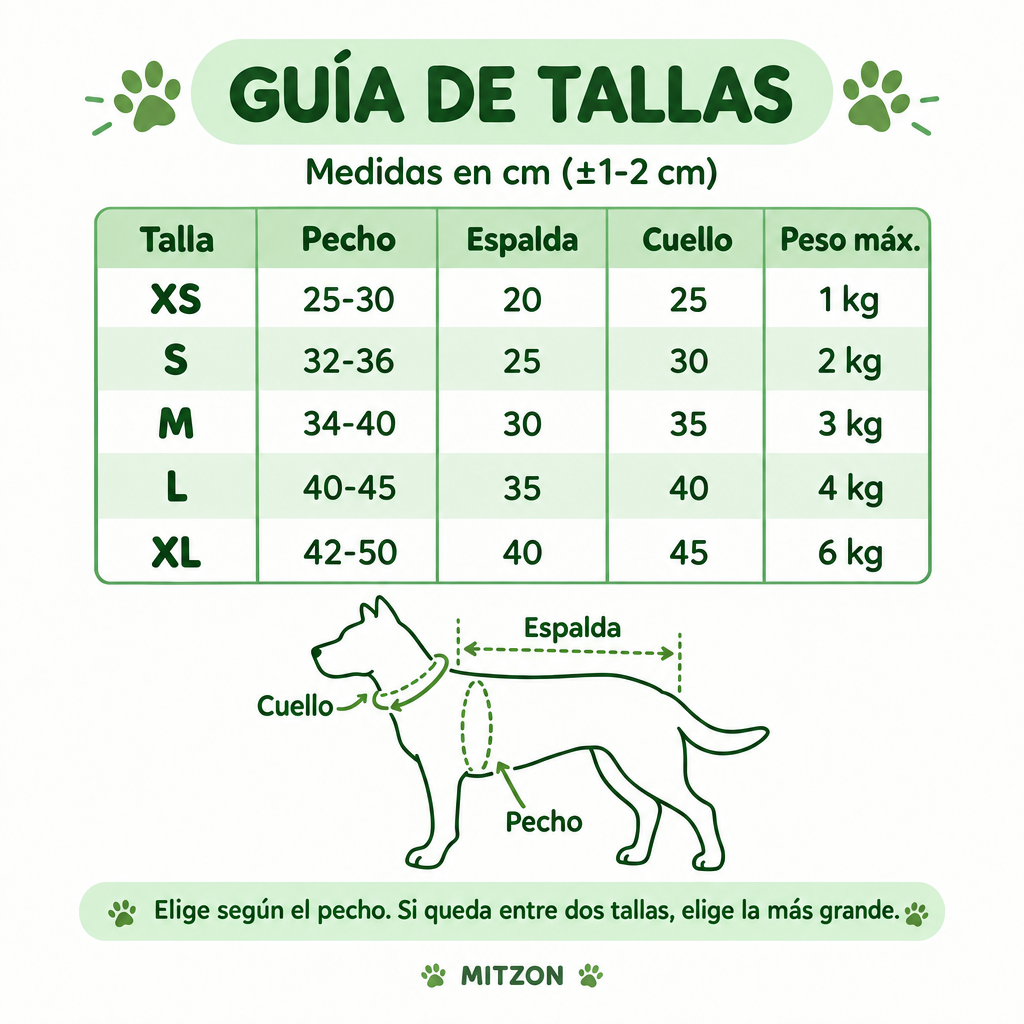 Guía de tallas para vestidos de princesa a cuadros con moño para perra Mitzon, medidas en cm.
