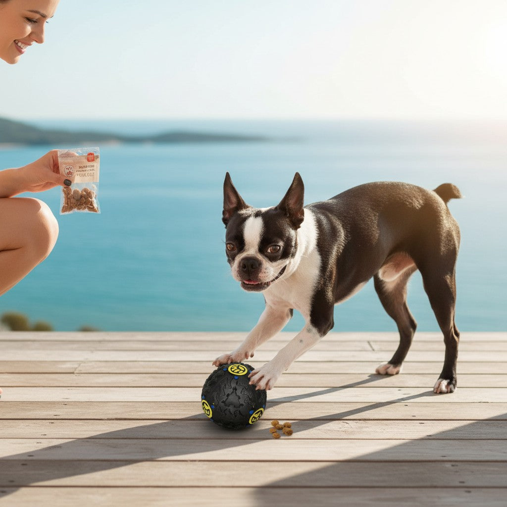 Chien Boston Terrier jouant avec une balle en caoutchouc MITZON sur une terrasse en bois au bord de la mer