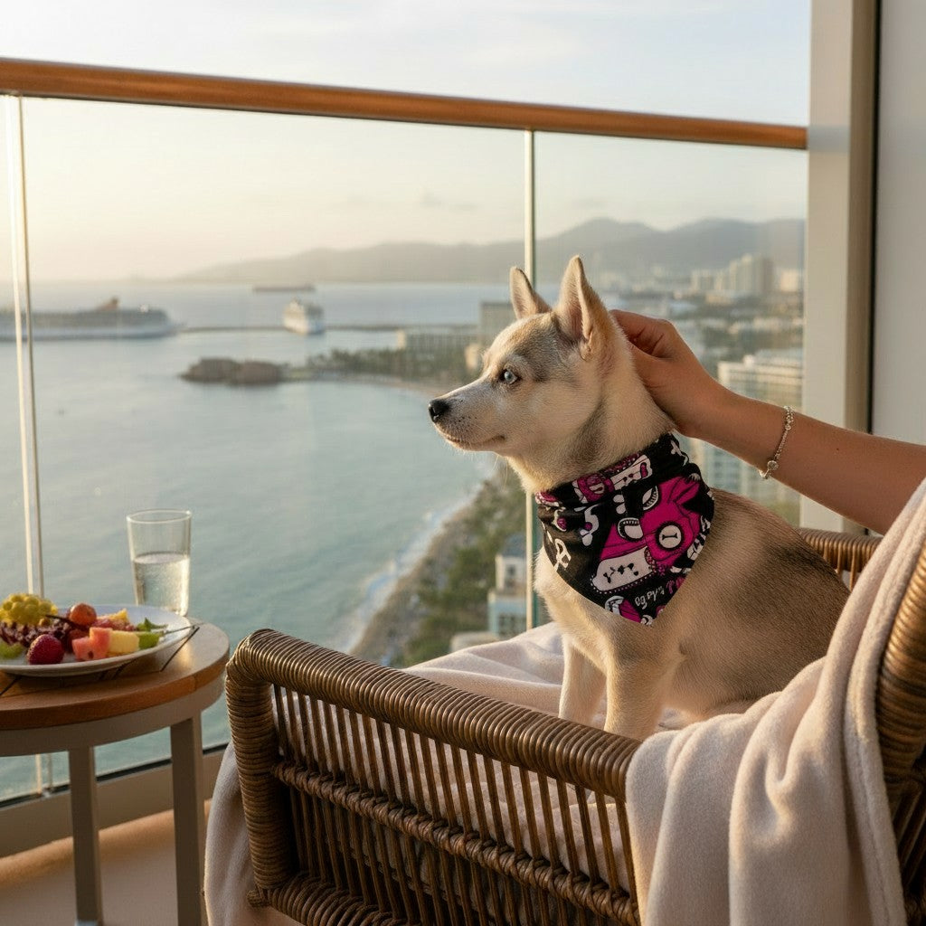 Chiot portant un bandana MITZON Day of the Dog rose et noir sur un balcon avec vue sur la mer