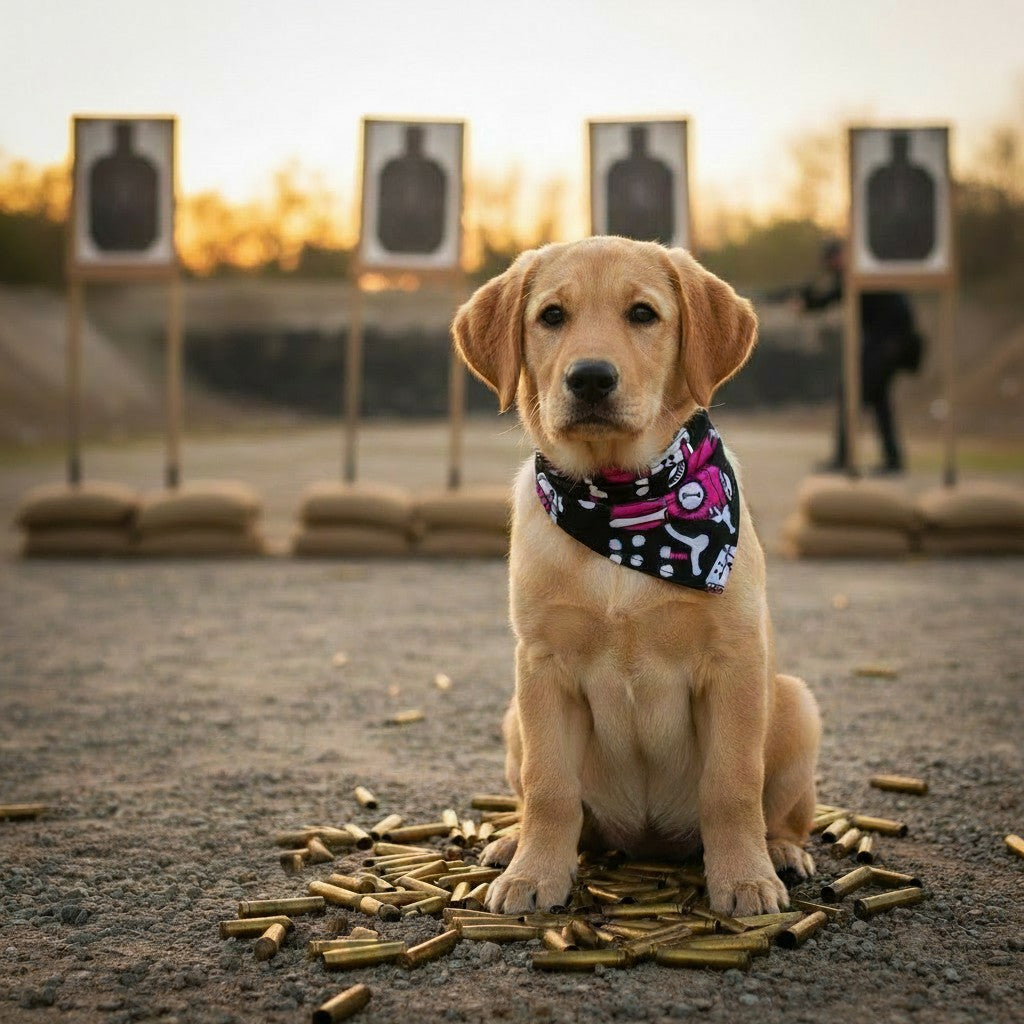 Chiot labrador portant un bandana MITZON rose et noir Day of the Dog sur un champ de tir avec des douilles au sol