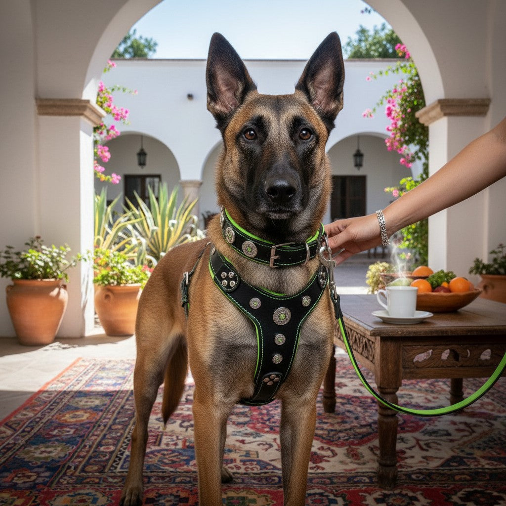 Chien Berger Malinois portant le set MITZON Bijou vert en cuir avec rivets décoratifs et strass sur une terrasse