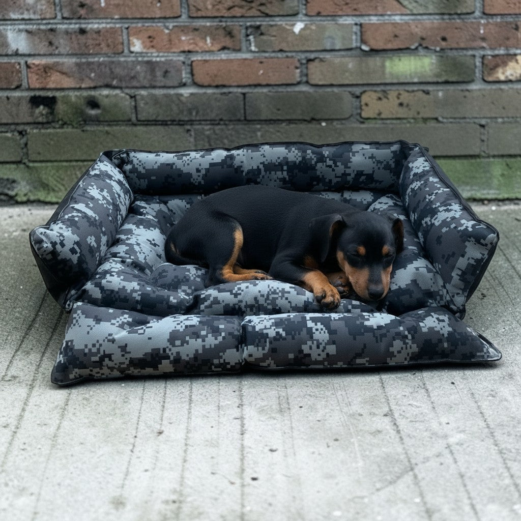 Chiot noir dormant dans une cama MITZON Urban Camo rectangulaire à motif camouflage numérique et bords surélevés.