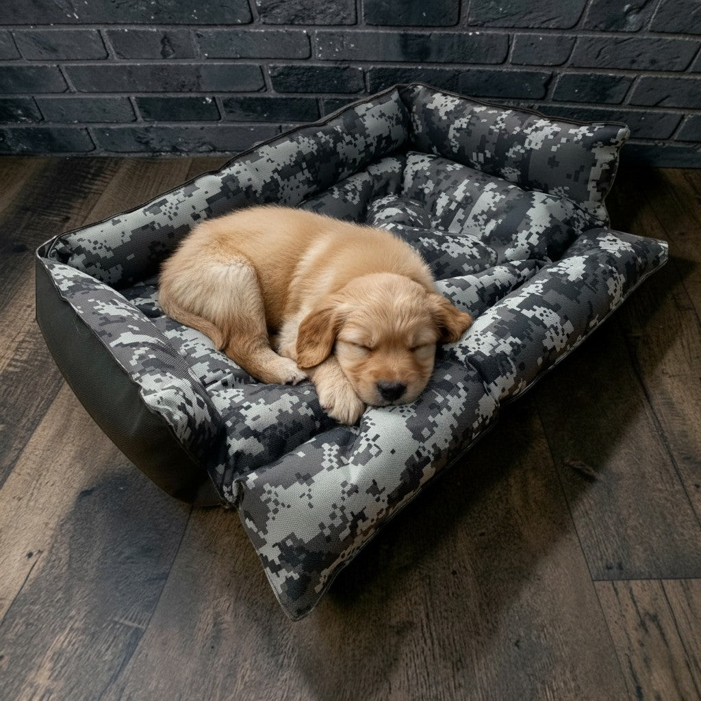 Cachorro durmiendo en cama para perros MITZON con estampado de camuflaje digital y bordes elevados acolchados