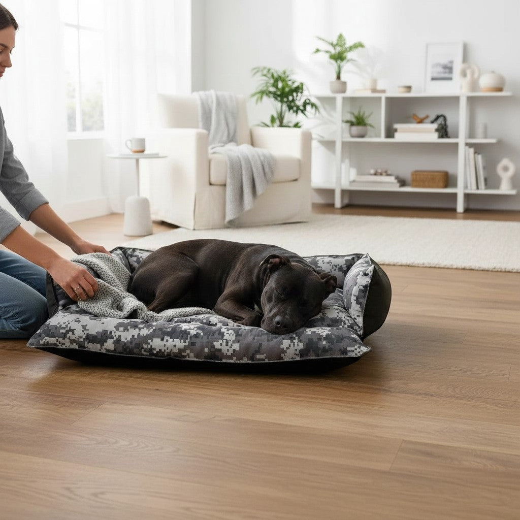 Cama para perro MITZON Urban Camo con estampado de camuflaje digital, bordes elevados y relleno acolchado en casa.