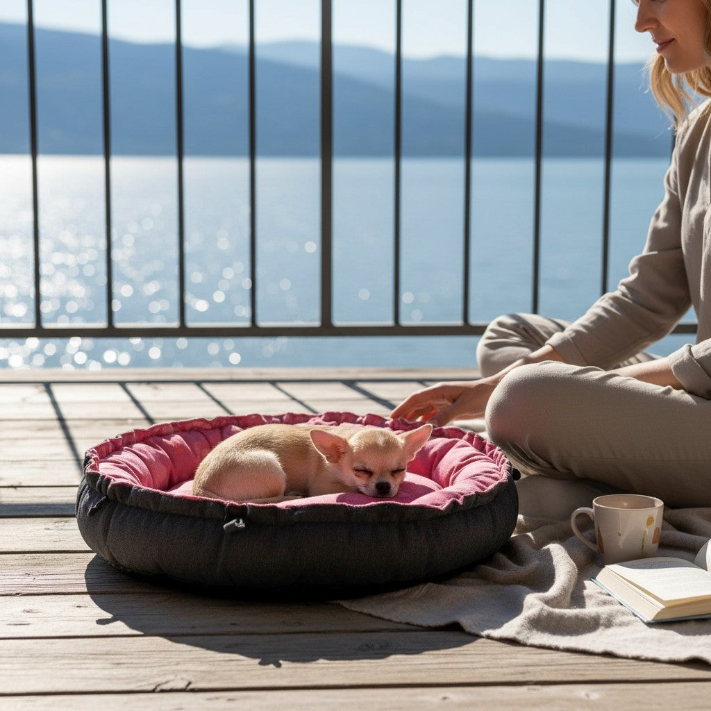 Cama redonda para perro MITZON con estampado de corazones rosa, borde acolchado y base negra sobre una terraza.