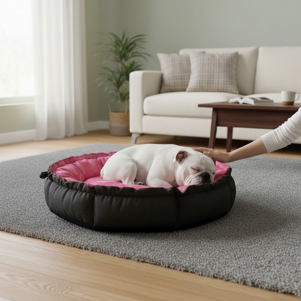 Cama redonda para perro MITZON con estampado de corazones rosa, borde acolchado y base negra en un salón acogedor