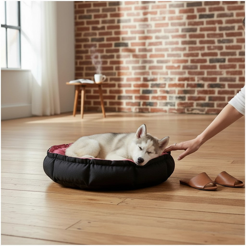 Cama redonda para perro MITZON con estampado de corazones rosa, borde acolchado negro y base antideslizante.