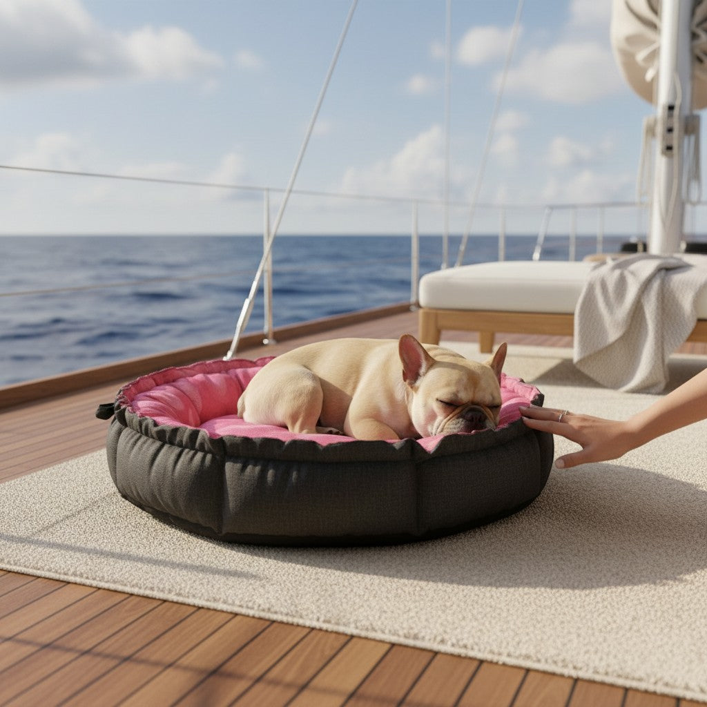 Cama redonda para perro MITZON con corazones rosa y base negra, un bulldog francés durmiendo sobre una cubierta de barco