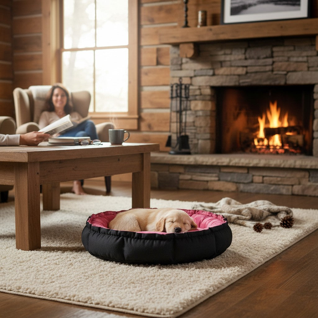 Cama redonda para perro MITZON con estampado de corazones rosa y borde negro, con cachorro durmiendo en sala acogedora