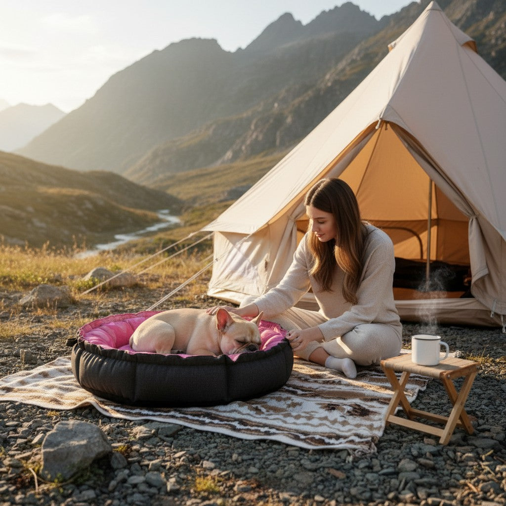 Cama redonda para perro MITZON con estampado de corazones rosa y base negra, usada en un campamento con una mujer.