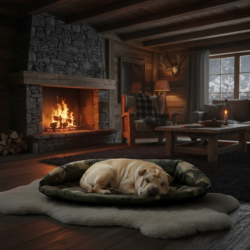 Cama rectangular camo verde MITZON - perro durmiendo en sala rústica - diseño militar premium para perros