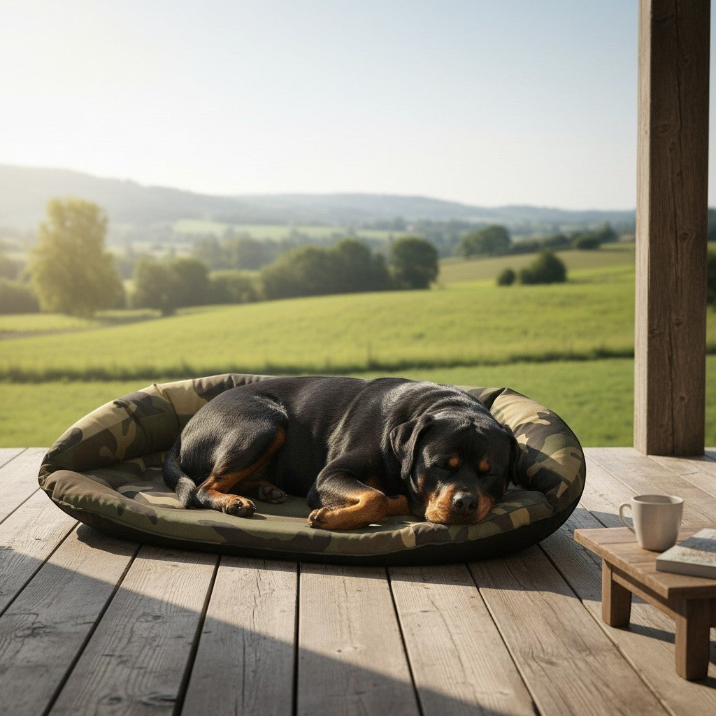 Cama rectangular MITZON camuflaje verde - Rottweiler durmiendo en terraza de madera - accesorio premium outdoor