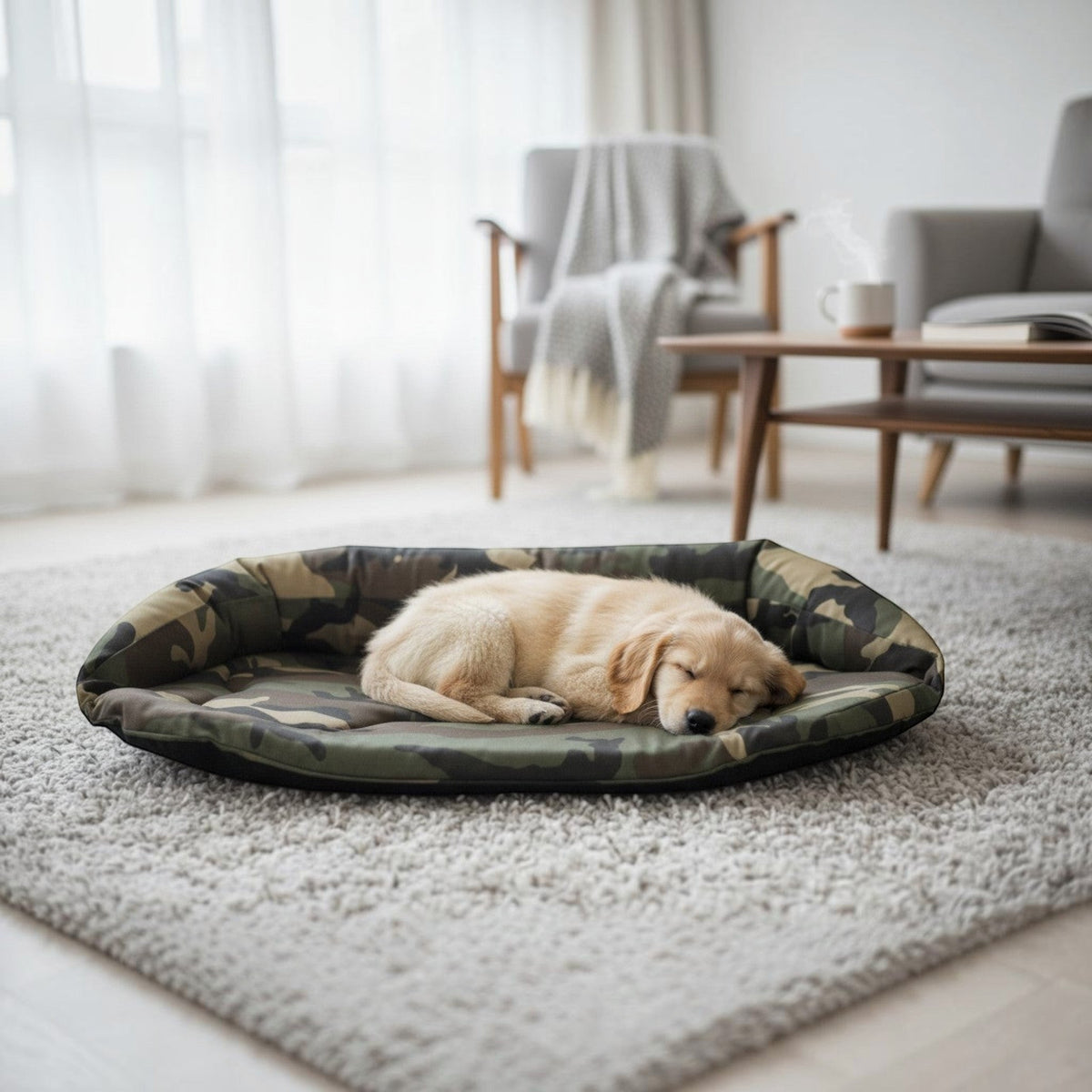 Cama rectangular MITZON camuflaje militar verde con bordes acolchados - cachorros Golden durmiendo juntos - premium