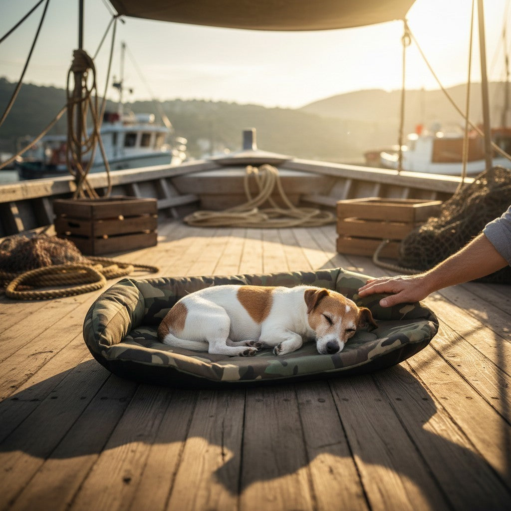 Cama rectangular MITZON camuflaje verde - perro durmiendo en cubierta de barco al atardecer - lifestyle náutico premium
