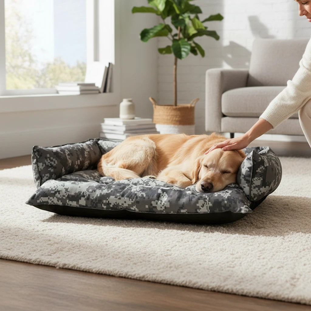 Chien doré dormant sur une confortable Cama MITZON Urban Camo à motif camouflage numérique gris dans un salon.