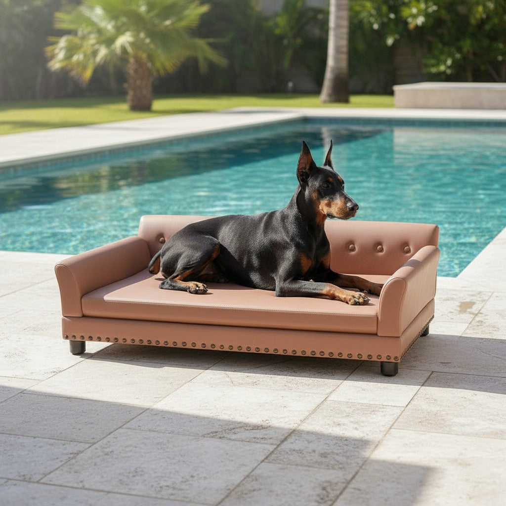 Canapé pour chien MITZON en cuir technique marron avec mousse à mémoire de forme au bord d'une piscine