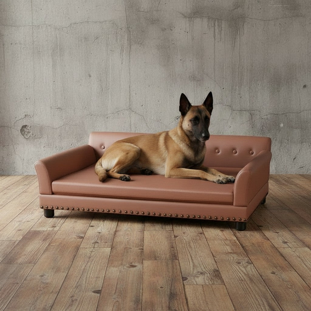 Canapé pour chien MITZON en cuir synthétique marron avec mousse à mémoire de forme pour grand chien sur parquet