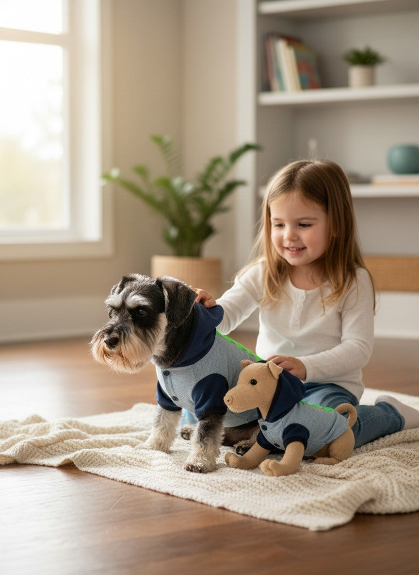 Schnauzer con gilet MITZON bicolor gris y azul - banda reflectante verde fluo y capucha - accesorio premium seguridad