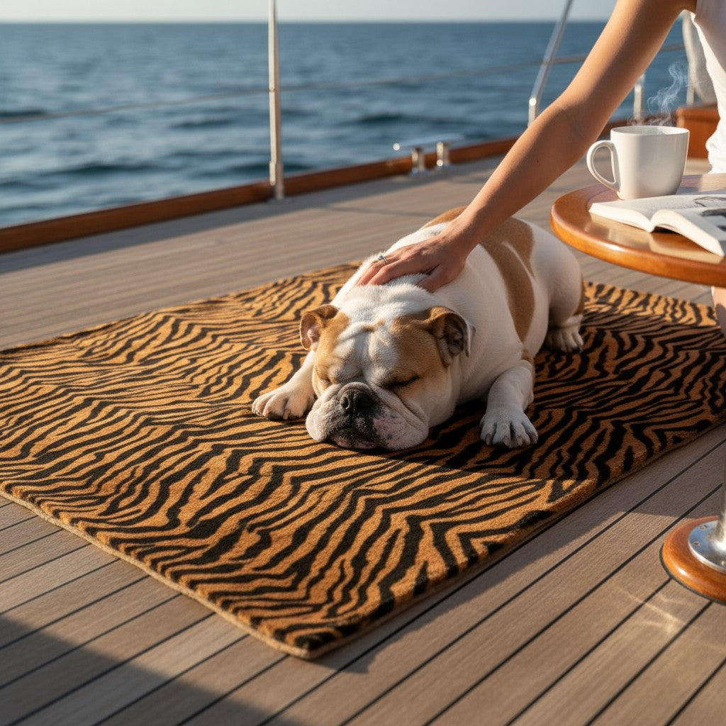 Bouledogue anglais dormant sur une colchoneta de voyage MITZON à motif tigre sur le pont d'un bateau