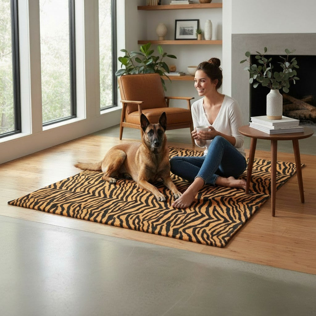 Colchoneta de viaje MITZON Tiger Edition con estampado de tigre, sobre la que descansa un perro junto a una mujer.