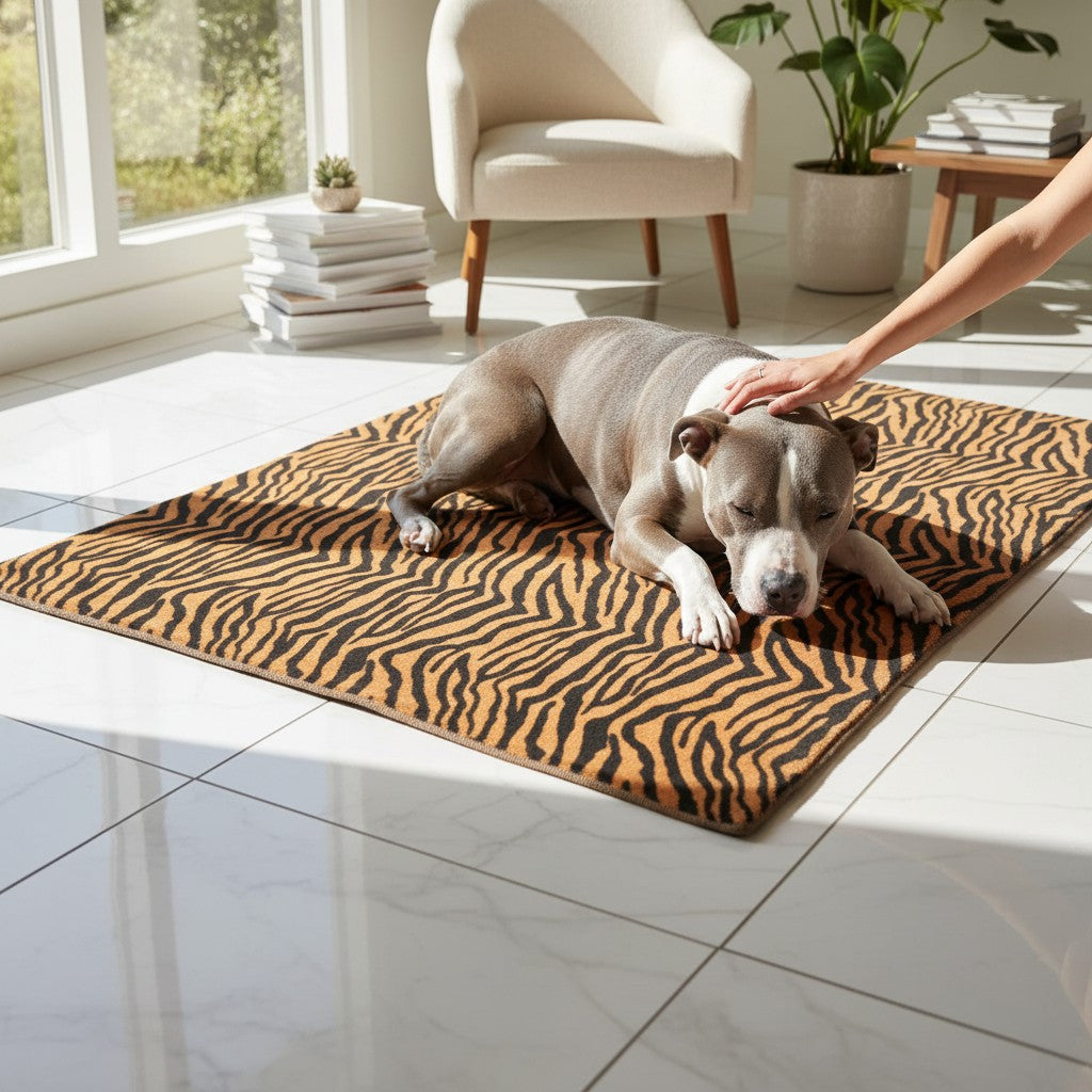 Chien couché sur une colchoneta de voyage MITZON à motif tigre doré et noir, caressé par une main dans un salon lumineux.