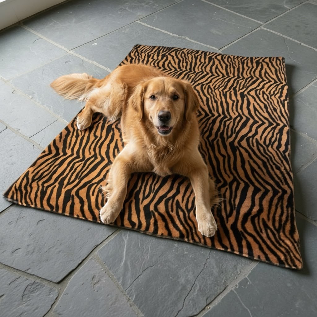 Chien Golden Retriever allongé sur une colchoneta de voyage MITZON à motif tigre doré et noir sur sol en pierre