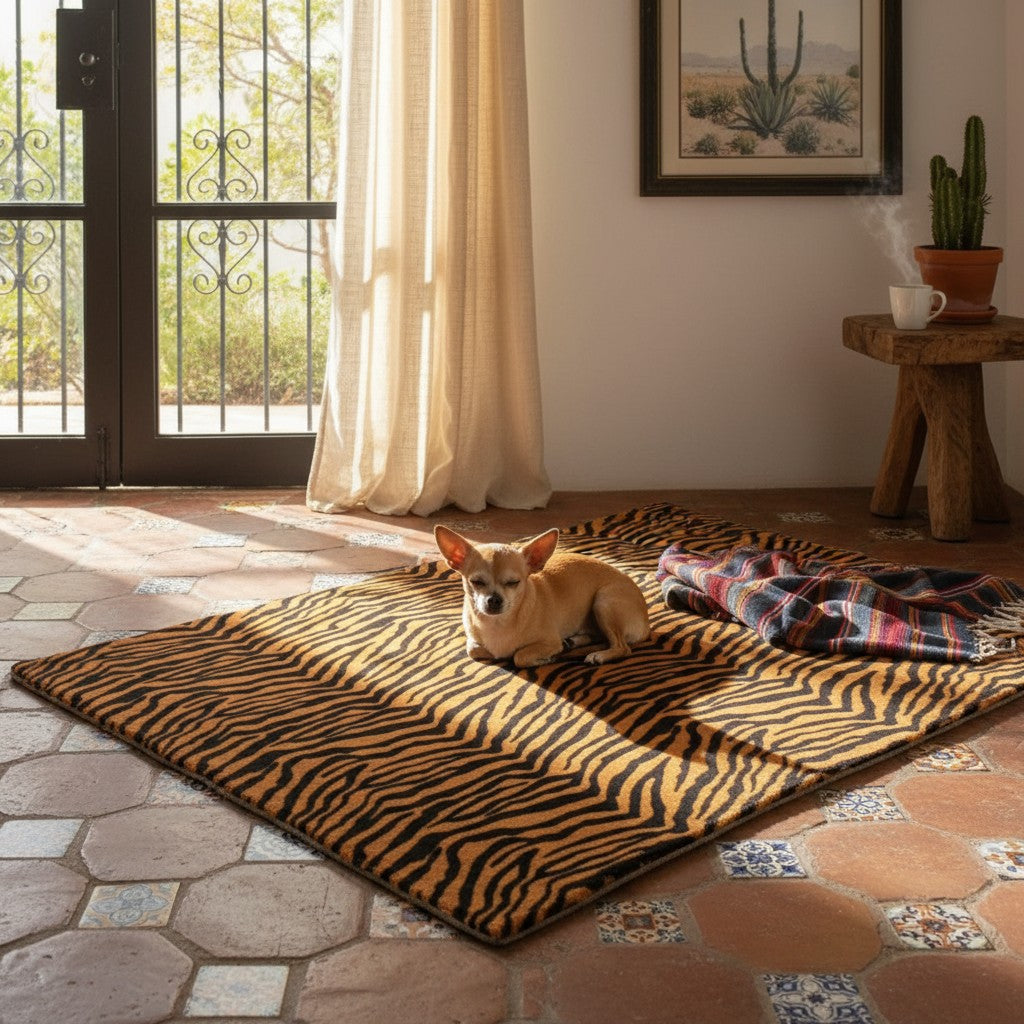 Chien chihuahua couché sur une colchoneta de voyage MITZON à motif tigre doré et noir dans un salon ensoleillé.