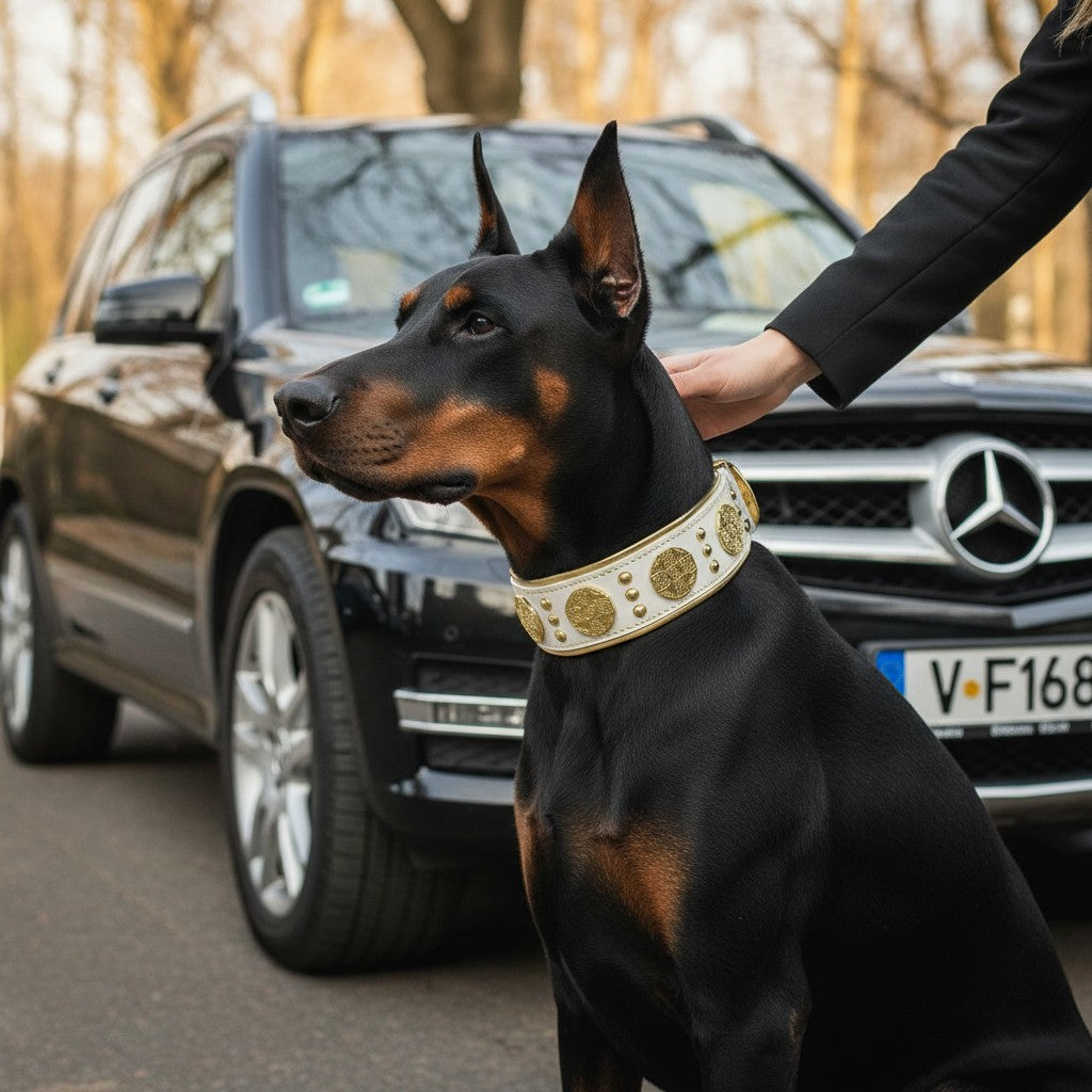 Collier pour chien MITZON Maximus en cuir blanc et doré avec rivets, porté par un Doberman devant une voiture