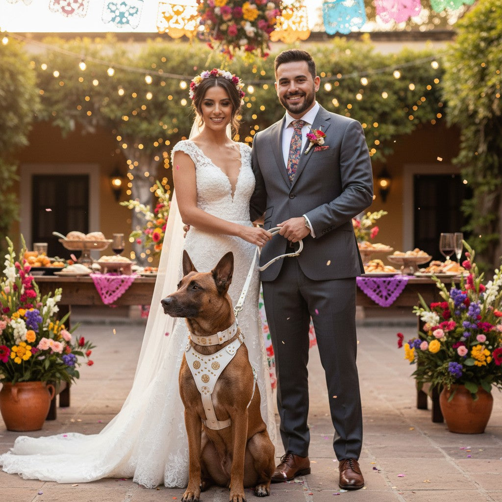 Chien portant le collier MITZON Maximus en cuir blanc et doré avec des rivets, lors d'un mariage en extérieur.