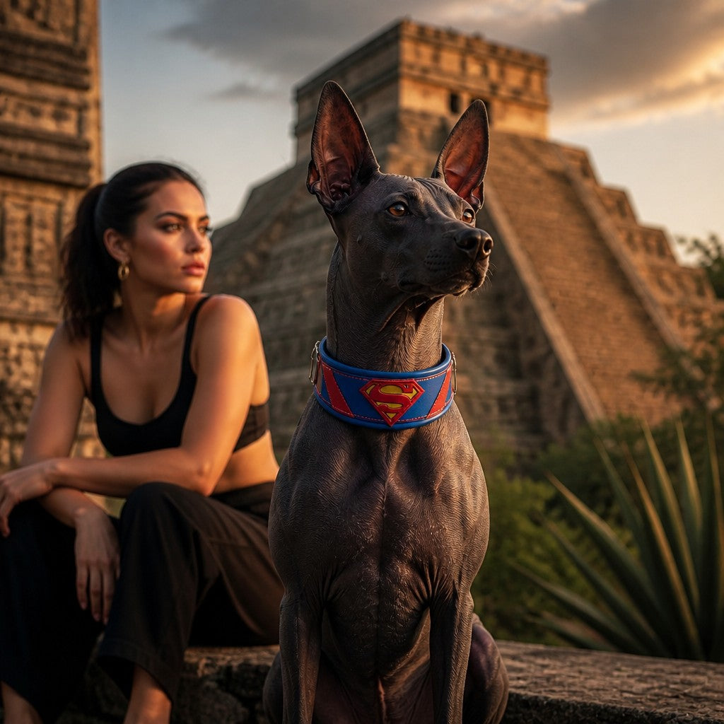Collar de cuero azul para perros MITZON con logo inspirado en Superman - perro frente a pirámide antigua