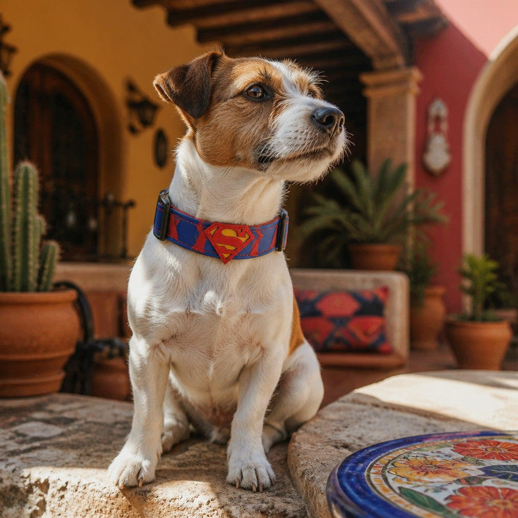 Jack Russell con collar de cuero azul MITZON con emblema rojo inspirado en Superman - terraza