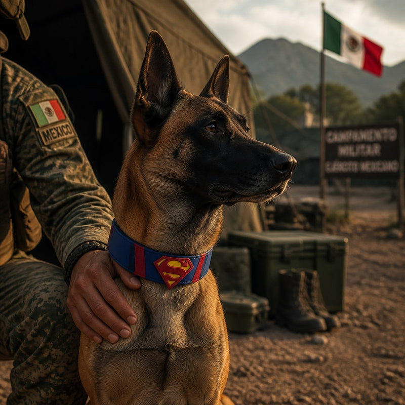 Collar de cuero azul para perros MITZON con logo rojo inspirado en superhéroes - pastor malinois