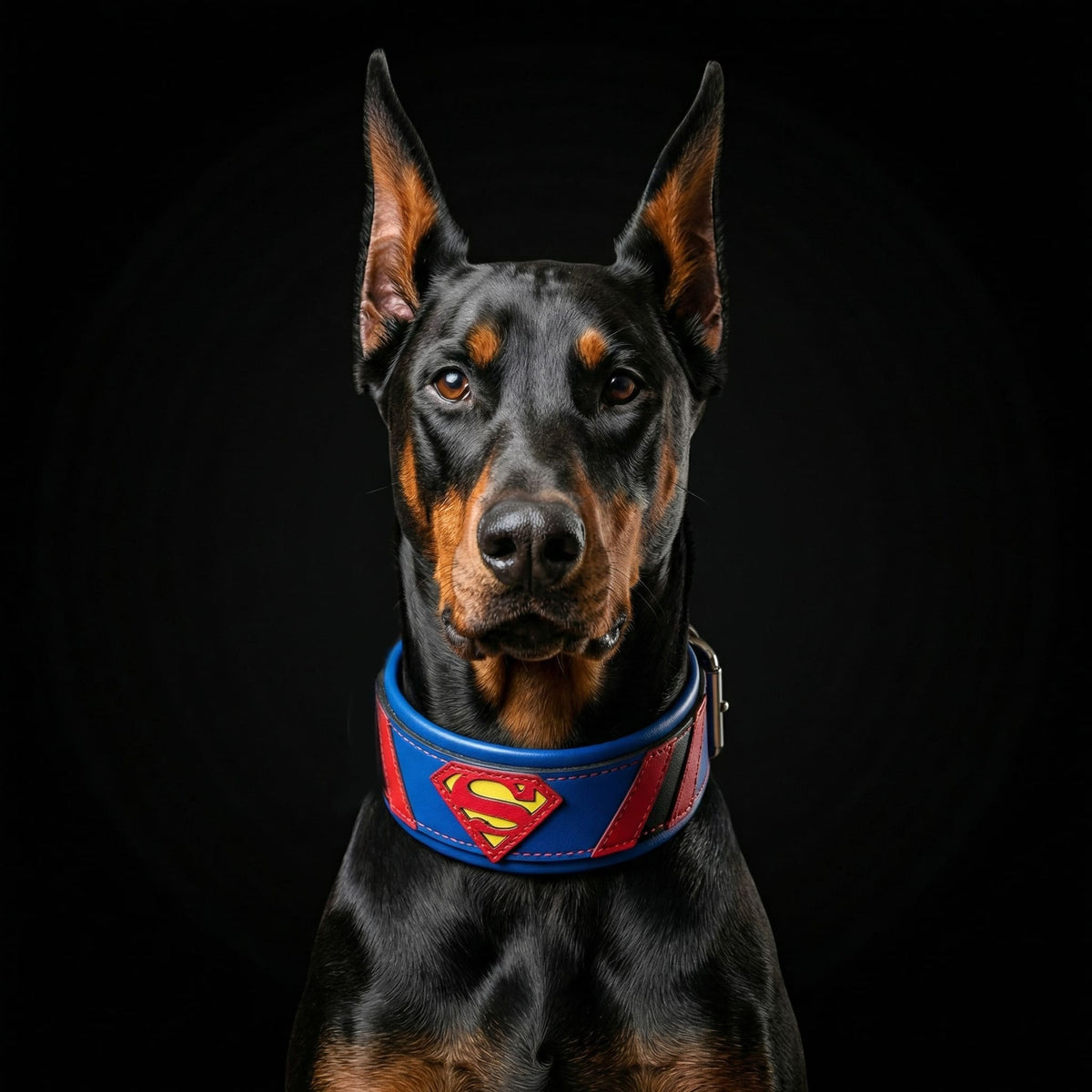 Doberman con collar de cuero azul MITZON con logo de superhéroe y detalles rojos - fondo negro