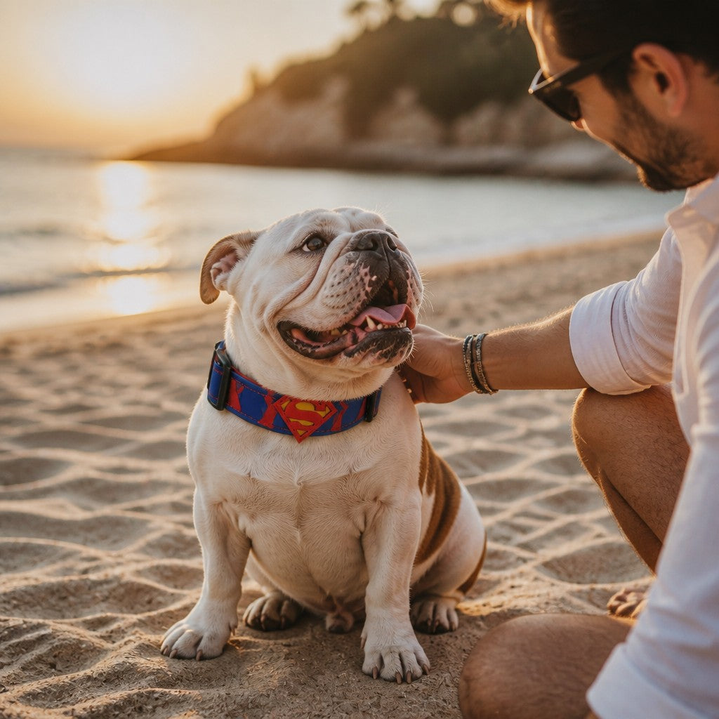 Bulldog con collar de cuero azul MITZON con logo rojo - playa al atardecer